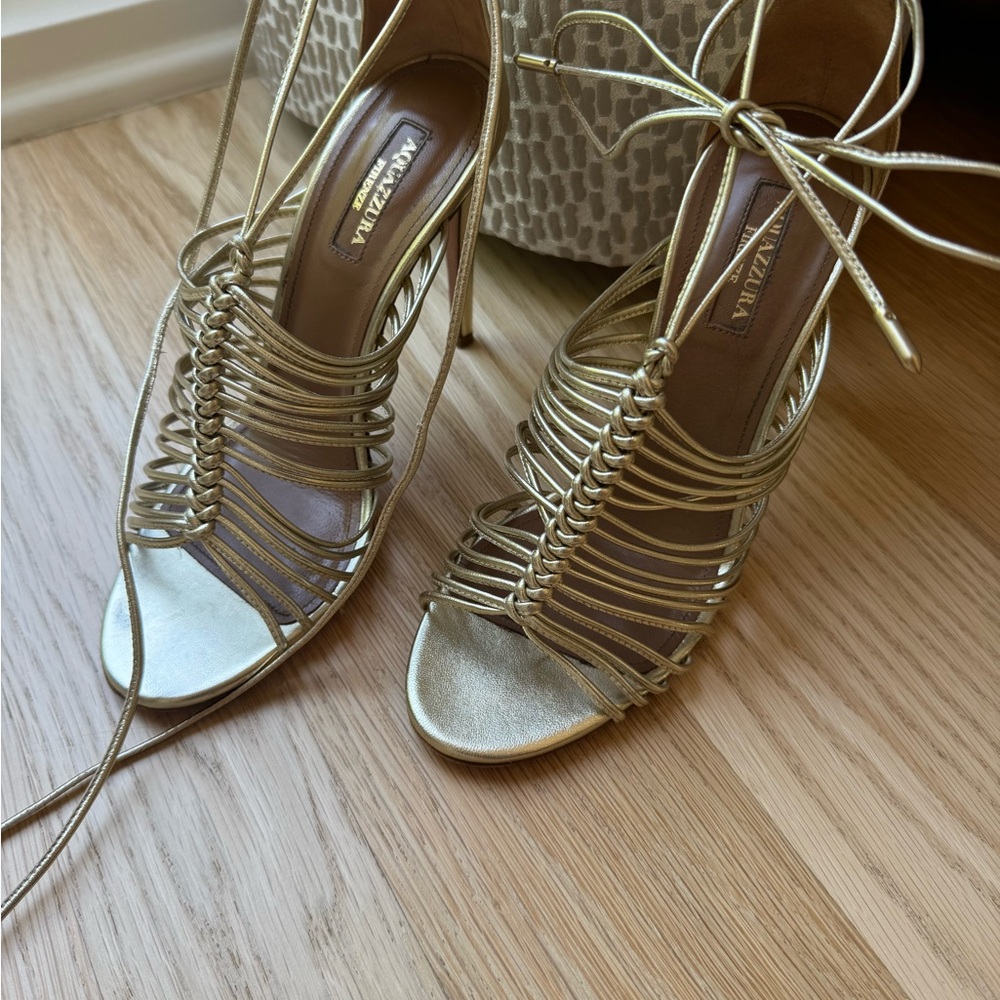 Aquazzura Metallic Gold Strappy Heels 37